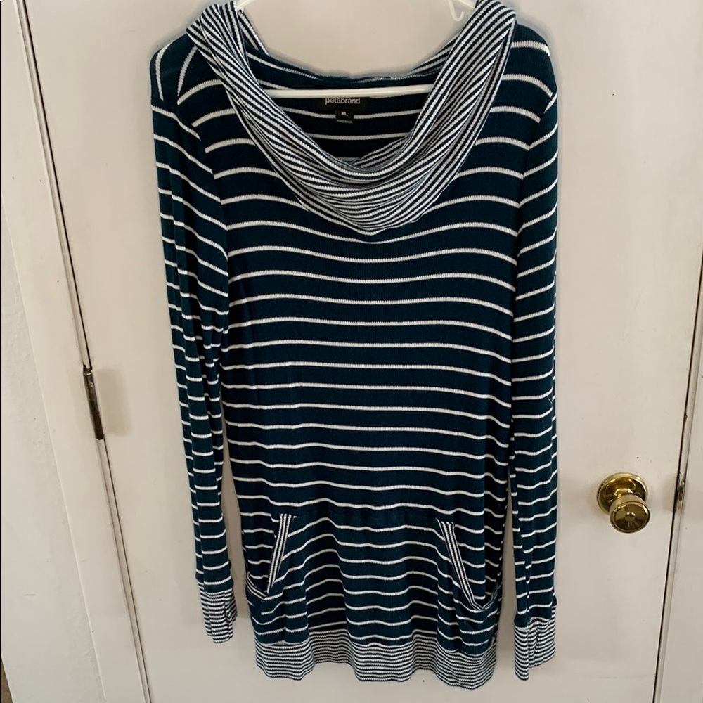 Betabrand juniper green white striped long sleeve sweater, draped neckline hood